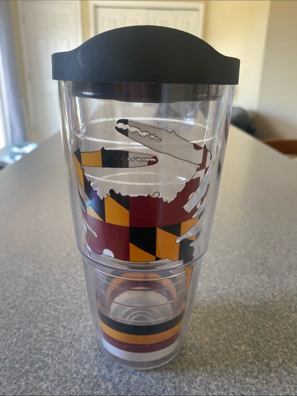 tervis Clear Tumbler w/ Black Lid and Red/Yellow/Black Maryland Flag Design 24oz
